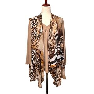 Susan Graver Women's L Liquid Knit V-Neck Top & Sheer Vest Cardigan Animal Print